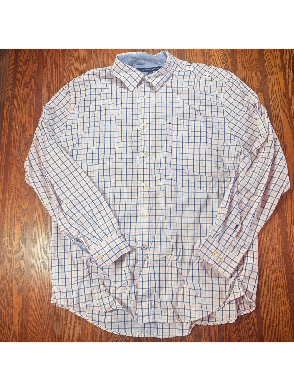 Tommy Hilfiger Mens Long Sleeve Button Down Shirt Blue Pink Tattersall Check XL